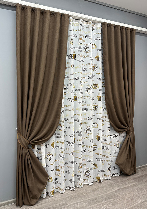 Комплект штор VR-Textil Льон Мішковина 150х270 2шт і Тюль 400х270 277ш-1858т Коричневий з білим 71-066/3 Київ - фото 2
