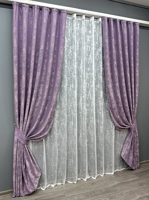 Комплект штор VR-Textil Жакард Мармур 150х270 2шт і Тюль 400х270 1764ш-1400т Бузковий з білим 71-020/3 Київ - фото 2
