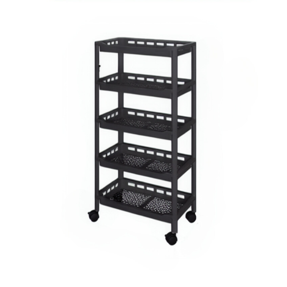 Стеллаж-полка пластиковая передвижная на колесах на 5 ярусов,этажерка универсальная бытовая цвет черный Каменец-Подольский