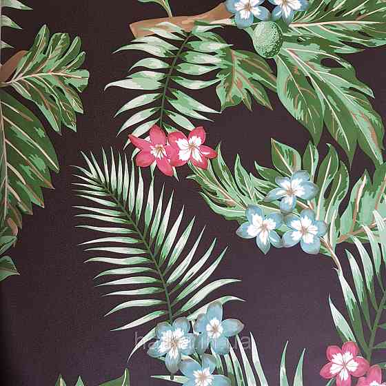 Обои метровые винил на флизелине Decowall Retro цветы красные голубые листья папоротника зеленые на черном Киев