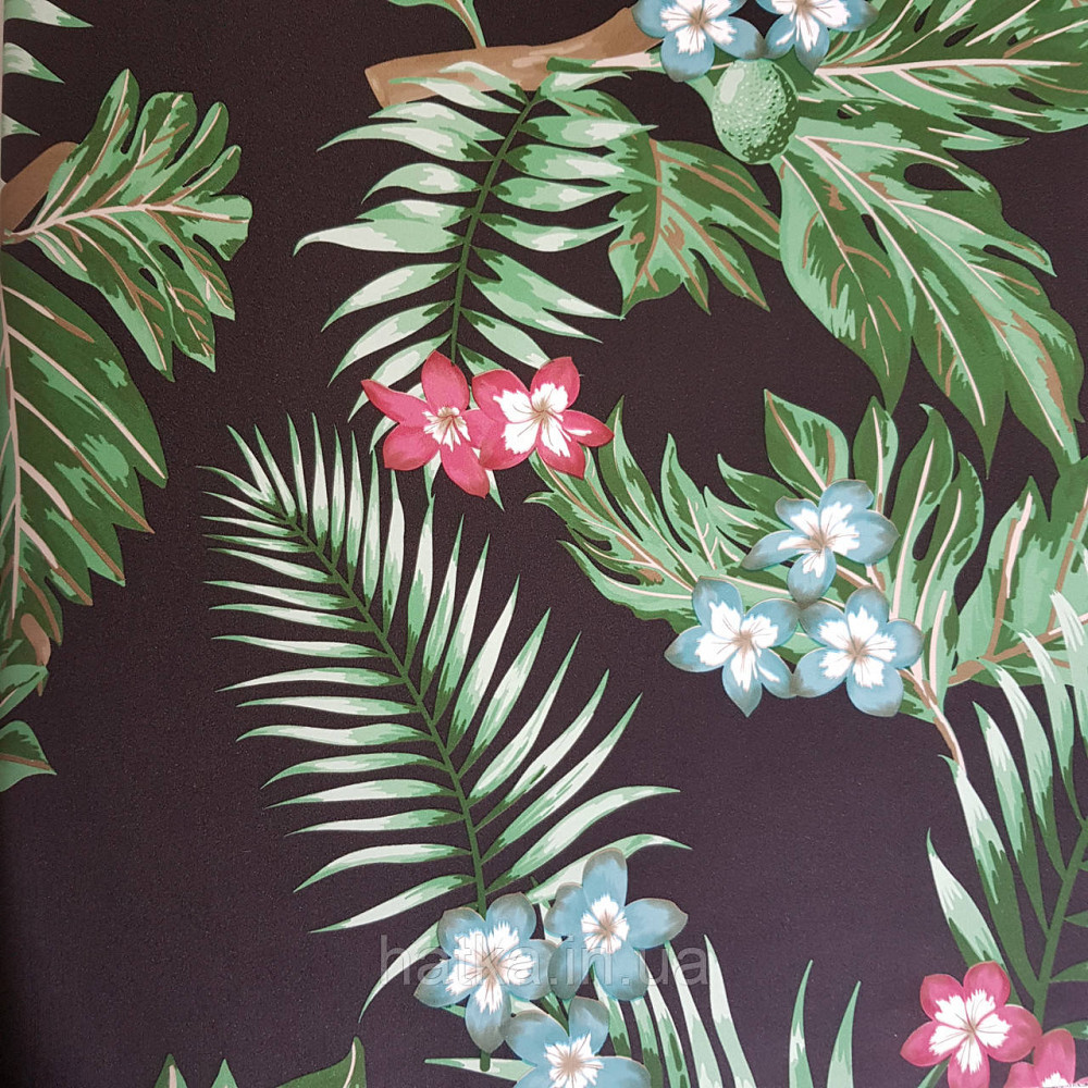 Обои метровые винил на флизелине Decowall Retro цветы красные голубые листья папоротника зеленые на черном Киев - изображение 3