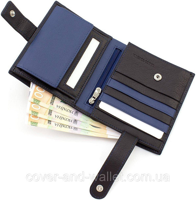 Стильный мужской кожаный кошелек вертикального типа черно-синего цвета Marco Coverna 1005A Киев - изображение 7