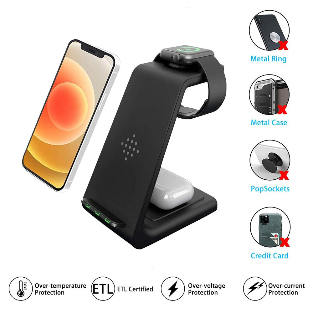 Бездротова зарядка стенд 3в1 Fast 15W iPhone+Apple Watch+AirPods Чорна Київ - фото 8