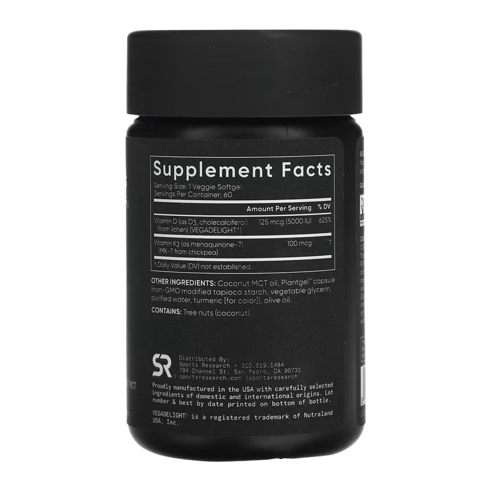 Витамин Д3 К2 Sports Research Vegan D3 5000iu + Vitamin K2 100mcg  60 раст капс Киев - изображение 2