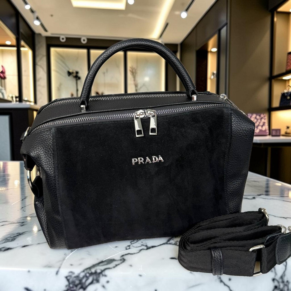 Жіноча замшева сумка стиль Прада, сумочка класична натуральна замша Prada чорна ( 186 ) Харьков - изображение 3