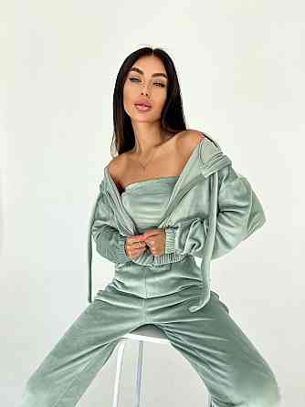 Женский плюшевый прогулочный костюм тройка: кофта топ и штаны велюр плюш 44/46, Оливка Одесса