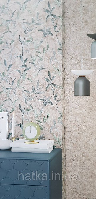 Шпалери вінілові на флізеліні Sintra Adria метрове листя гілки бірюзові зелені на коричневому Київ - фото 1