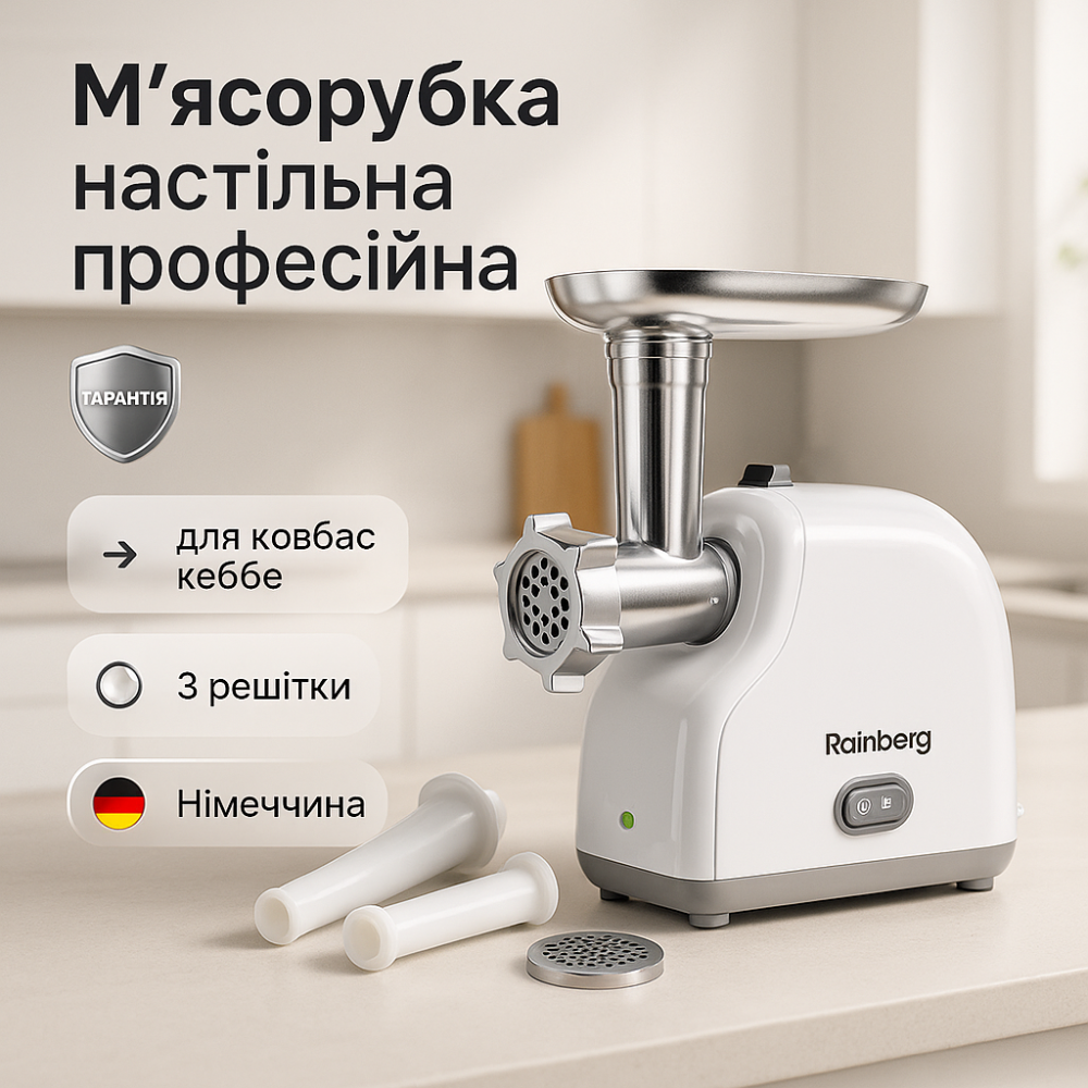 Мясорубка электрическая Rainberg RB-2319 с системой реверса насадка куббе 3000Вт White NV-64 Львов - изображение 20