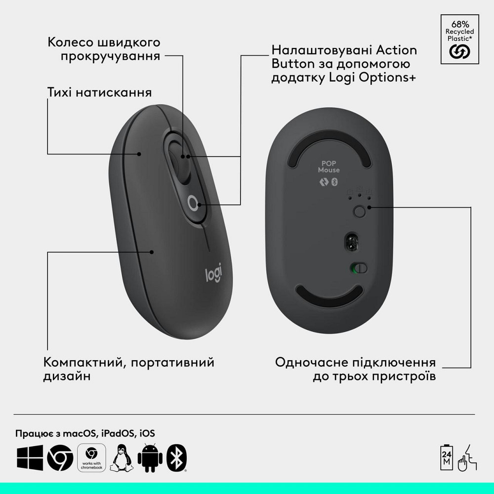 Комплект бездротовий (клавіатура, миша) Logitech Pop Icon Combo Graphite (920-013156) Сірий Харків - фото 17
