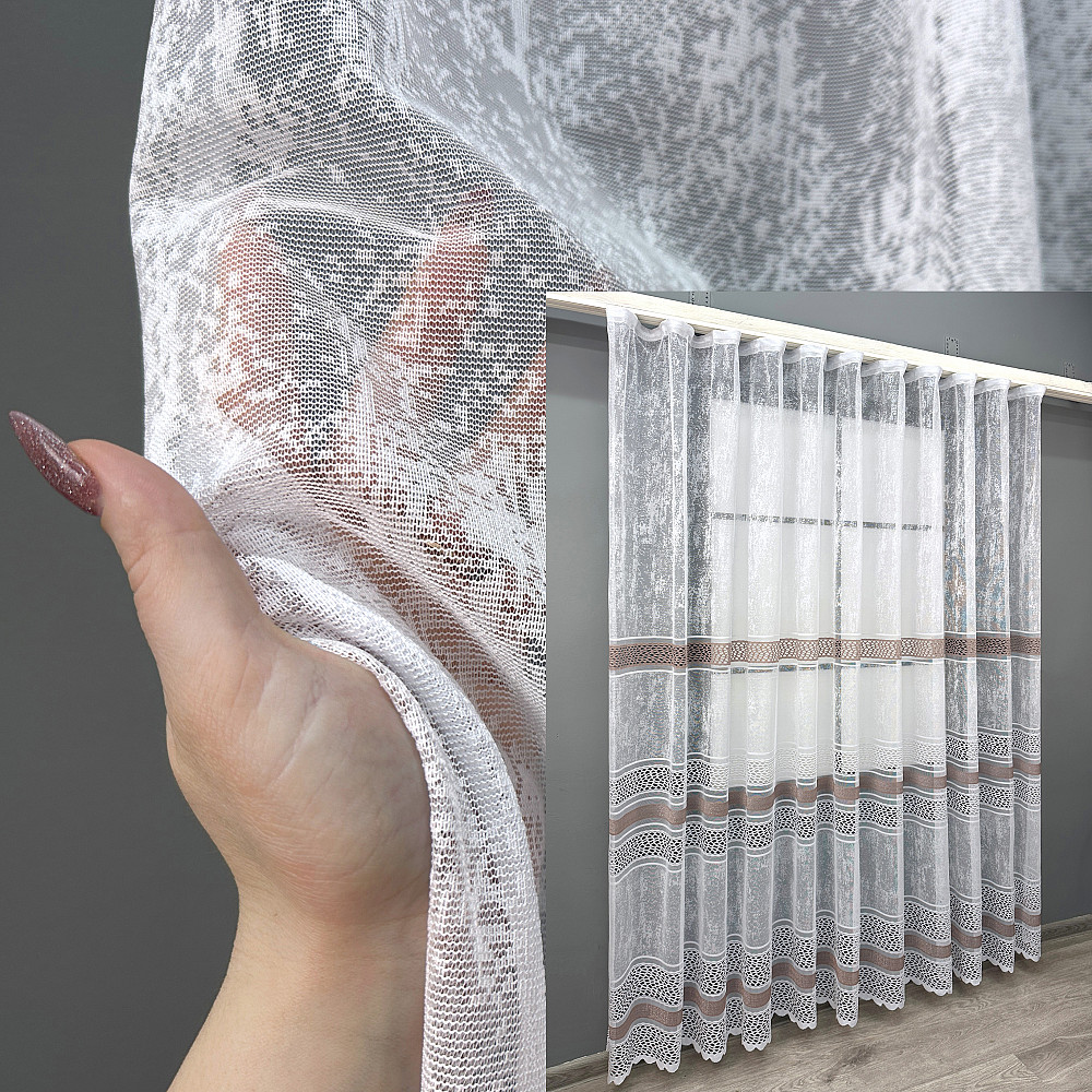 Короткий тюль VR-Textil 1940т Жаккард Белый с капучино 300х200 см (42-0913) Киев - изображение 1