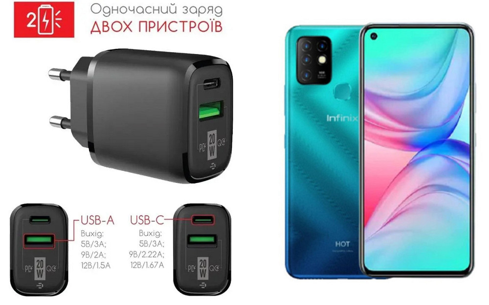 Мережевий зарядний пристрій для Infinix Hot 10 Lite, 20W 3A, Quick Charge 3.0 Київ - фото 1