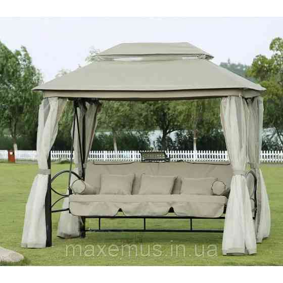 Садовые качели Bonro JD3060 4-х местная раскладная с навесом и москитной сеткой для сада и террасы бежевая Мостиська