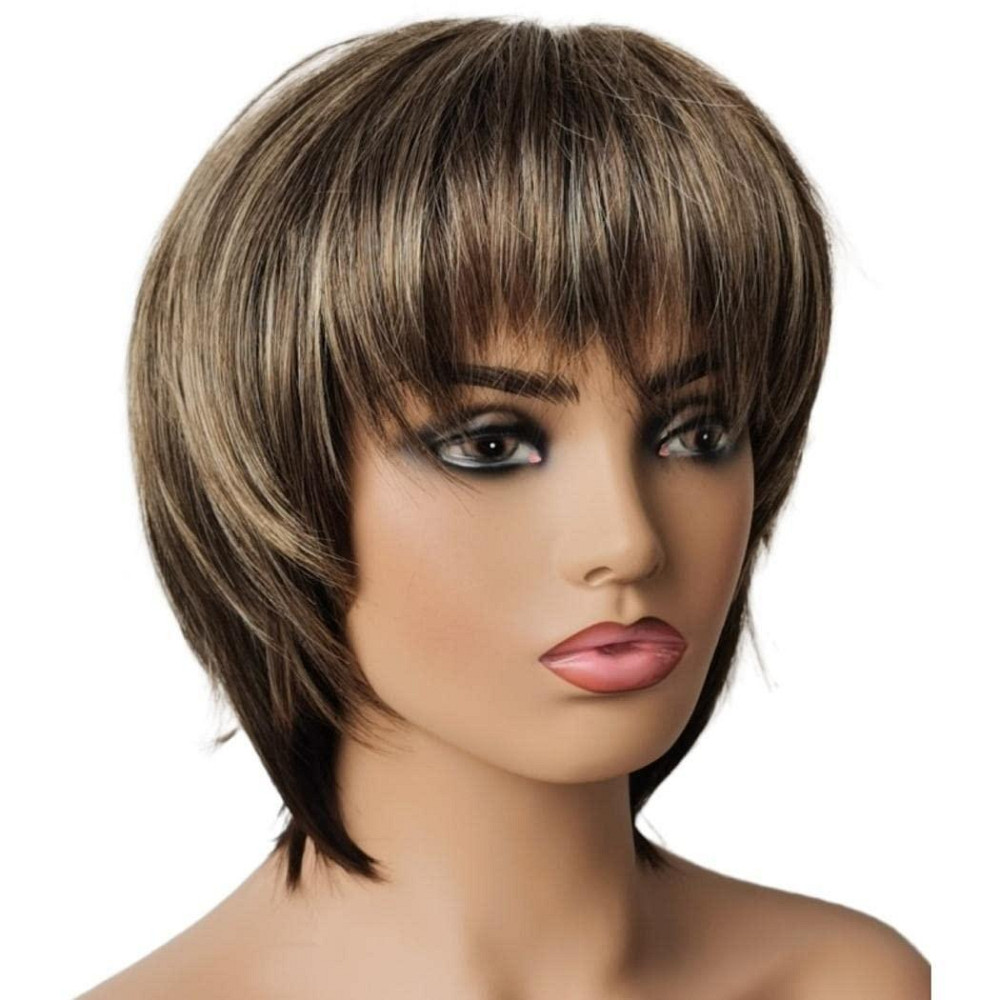 Перука коротка піксі багатошарова каштаново-русява з блондом, термостійке синтетичне волосся із чубчиком коричневе з меліруванням Київ - фото 6