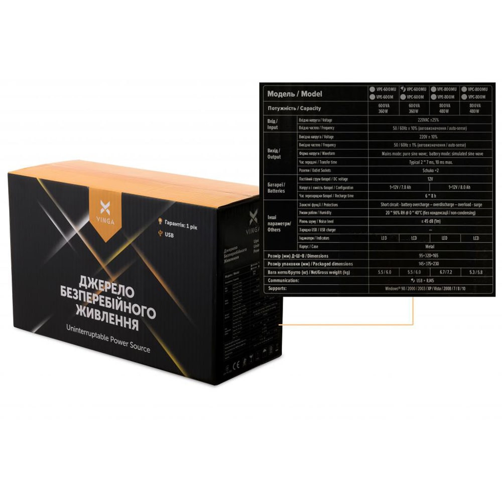 Джерело безперебійного живлення Vinga VPC-600MU 600ВА / 360 Вт з LCD-дисплеєм з USB у металевому корпусі Киев - изображение 9