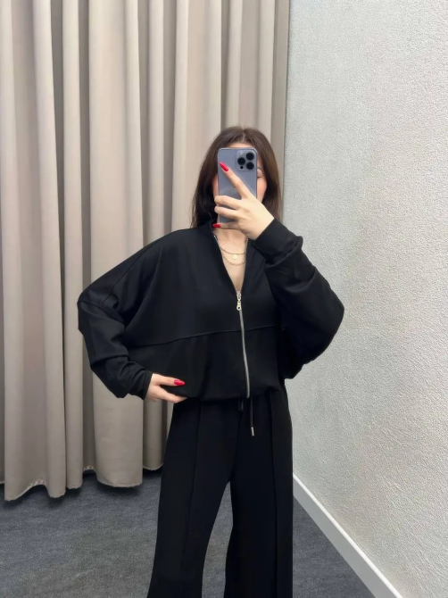 Жіночий костюм оверсайз з широкими штанами з двонитки Чорний 50/52 Харків - фото 19