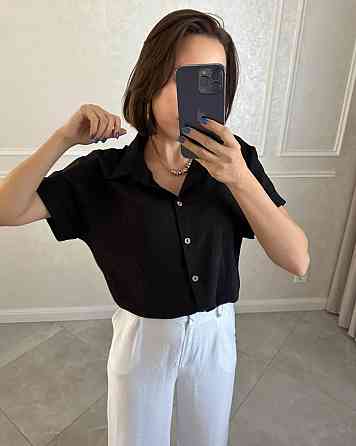Жіноча легка базова сорочка з коротким рукавом на ґудзиках американський креп Чорний, 46/48 Одеса
