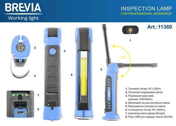 Ліхтар інспекційний Brevia LED Ultra-slim 3W COB+1W LED 300lm, 2000mAh, microUSB Львів
