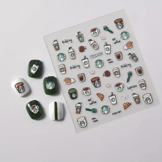 3D стікери для манікюру “Кава та десерти” – об’ємні наклейки з чашками та солодощами Київ