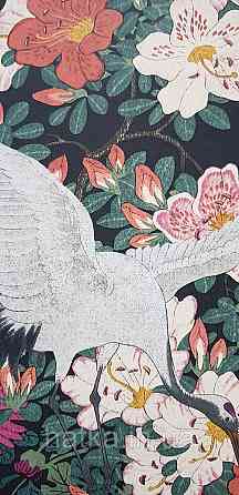 Шпалери вінілові на флізеліні Rasch Clasik 0,53х10 птиці цаплі квіти листя яскраві бузкові рожеві на чорному Київ
