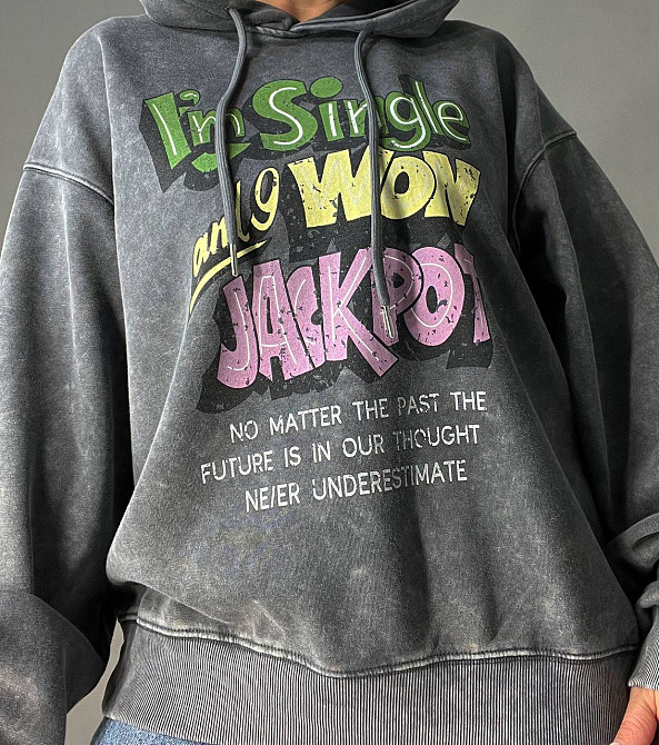 Худи женский A-N 25040 удлиненный оверсайз с капюшоном вареный дай цветная надпись впереди one size, графит, one size Киев - изображение 15