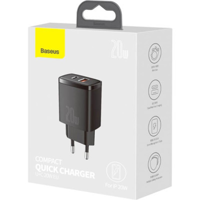 Зарядний пристрій Baseus Compact Quick Charger U+C 20W EU Black (CCXJ-B01) Вінниця - фото 3