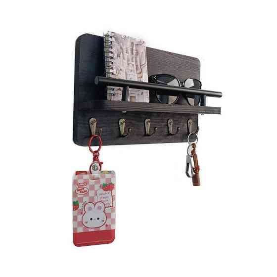 Полка подвесная для хранения мелочей и аксессуаров деревянная для кухни прихожей ванны 5 крючков 30х18х7.5 см,чёрная Каменец-Подольский