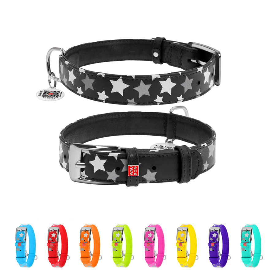 Нашийник для собак шкіряний WAUDOG Glamour з QR паспортом, візерунок "Зірочка", світлонакопичув Коломия - фото 1