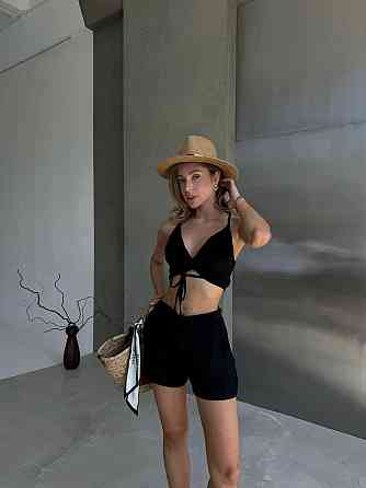 Жіночий літній костюм-трійка: сорочка топ і шорти креп жатка Чорний, 42/44 Одеса