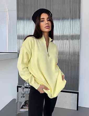 Жіночий стильний подовжений оверсайз светр зі змійкою в'язання 50% котон/50% акрил Лимонний Одеса