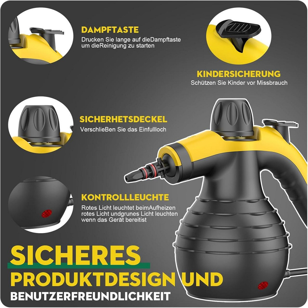 Пароочисник ручний 1050 Вт для підлоги, ванної, кухні, вікон, меблів, авто, оббивки для видалення плям, 9 насадок, замок безпеки Київ - фото 3