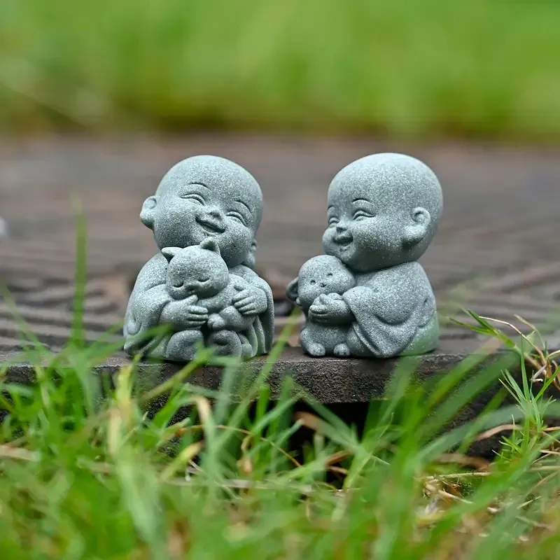 Міні статуетка Будда-монах з котиком – натуральний камінь, 4,3×3,3×3,8 см, декор для дому/офісу/авто, подарунок Київ - фото 2