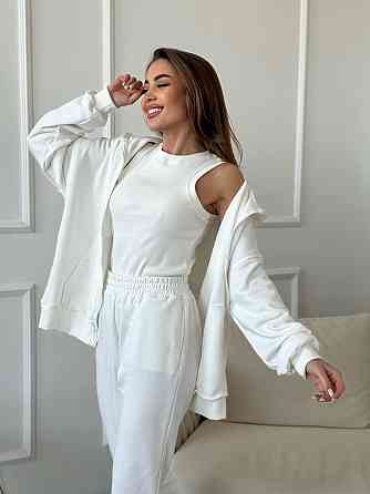 Женский прогулочный костюм тройка: кофта майка и штаны турецкая петля пенье + турецкая рибана Молочный, 48/50 Одесса