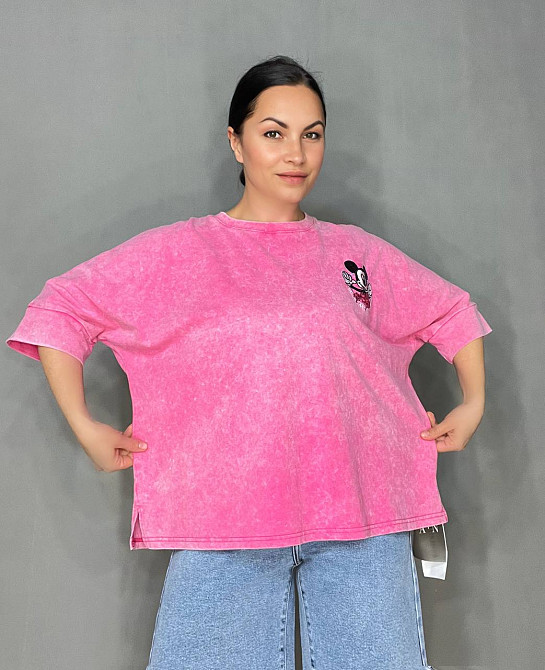 Футболка женская A-N 26030 вареная тай-дай оверсайз с вышивкой Mickey Mouse, розовый, one size Киев - изображение 8