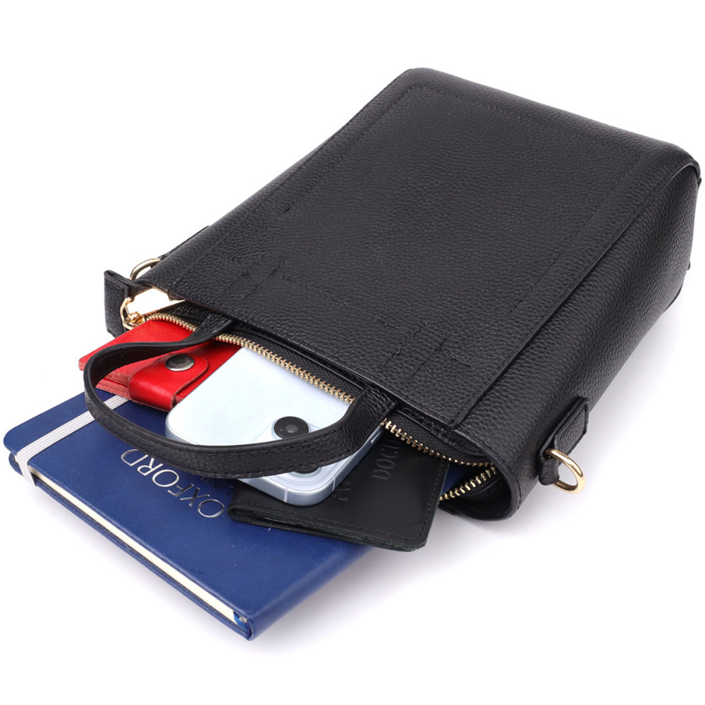 Трапецієподібна сумка для жінок з натуральної шкіри Vintage 22916 Чорний Київ - фото 8