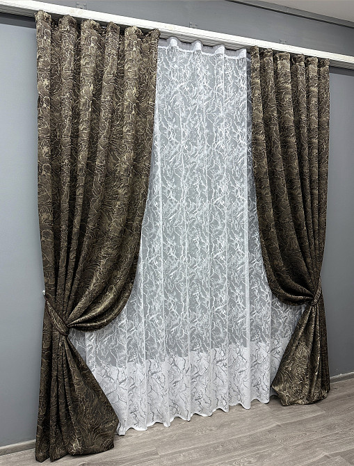 Комплект штор VR-Textil Жаккард Fantasy 200х270 2шт и Тюль 600х270 1632ш-1783т Венге с белым 71-051/7 Киев - изображение 2