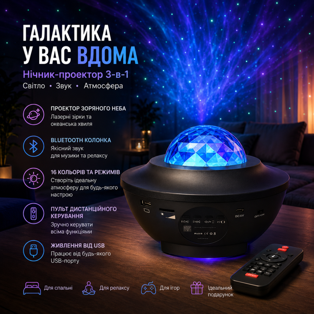 Нічник-проектор зоряного неба Galaxy 3-в-1, LED-проектор з Bluetooth-колонкою, лазерними зірками, океанською хвилею та пультом ДК, Київ - фото 8