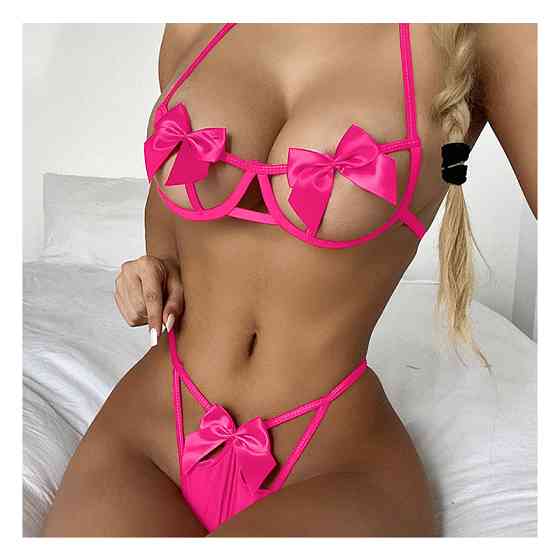 Комплект білизни жіночий еротичний з бантами S рожевий Київ