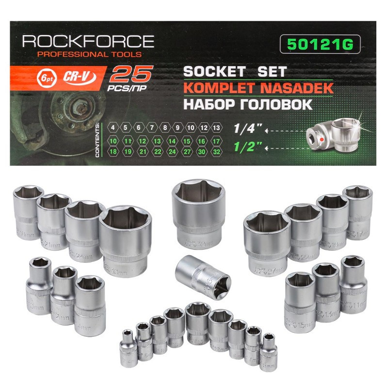 Набір головок 1/4'', 1/2'', 25 предметів (6гр.) ROCKFORCE RF-50121G Одесса - изображение 3