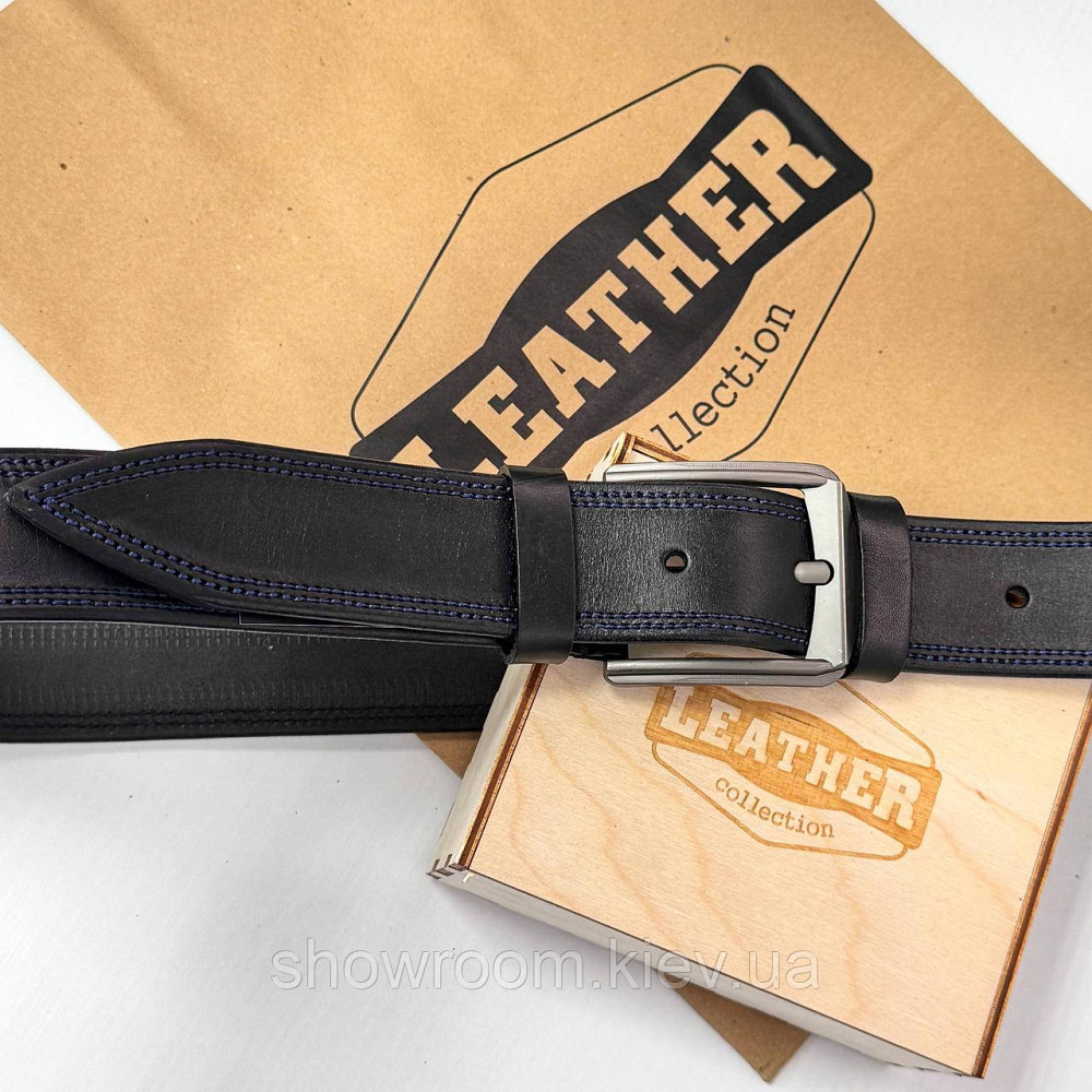Стильный мужской кожаный ремень Leather Collection с синей отделкой (7817-1) Киев - изображение 6
