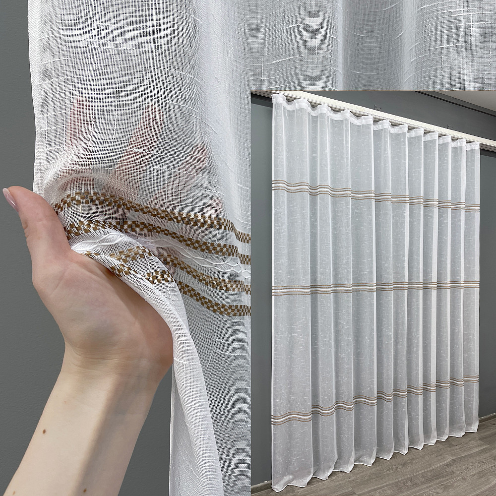 Тюль VR-Textil 1429т Кружево Лен Белый с коричневым 300х270 см (42-0256) Киев - изображение 1