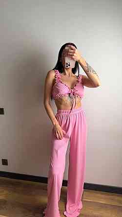 Жіноча піжама двійка: топ і штани з романтичними рюшами рубчик Одеса