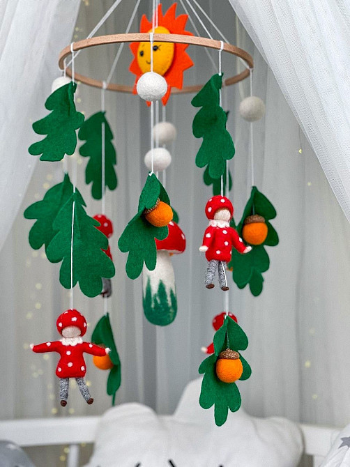 Дитячий мобіль на ліжечко для немовлят WooolyWool «Мухоморчики» Київ - фото 2