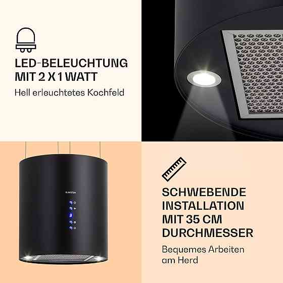 Островная вытяжка Barett Ø35 см, рециркуляция, 558 м³/ч, светодиодный фильтр с активированным углем, черный Ровно