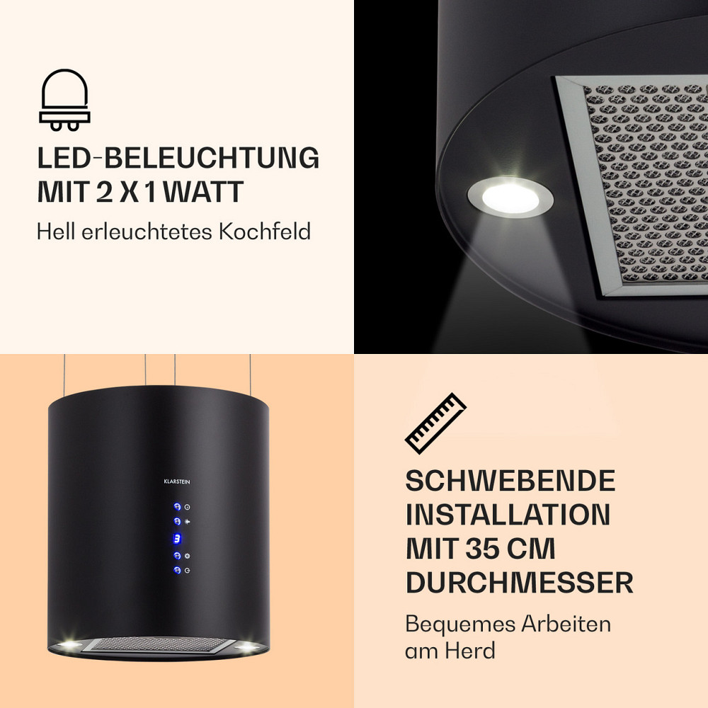 Островная вытяжка Barett Ø35 см, рециркуляция, 558 м³/ч, светодиодный фильтр с активированным углем, черный Ровно - изображение 3