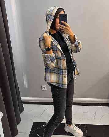 Женская повседневная рубашка в клетку на пуговицах с капюшоном коттон + трикотаж Голубой, 44 Одесса