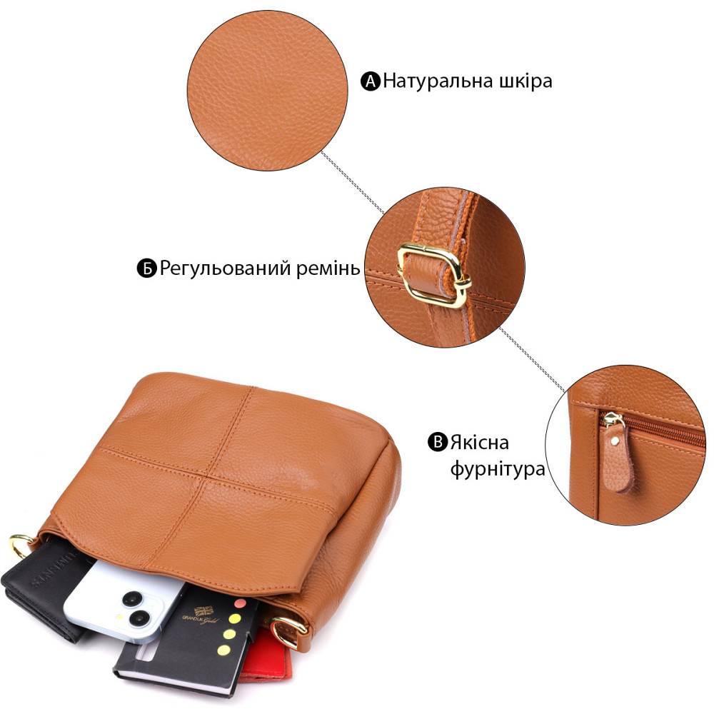 Стильна жіноча сумка на три відділення з натуральної шкіри Vintage 22975 Рудий Київ - фото 4