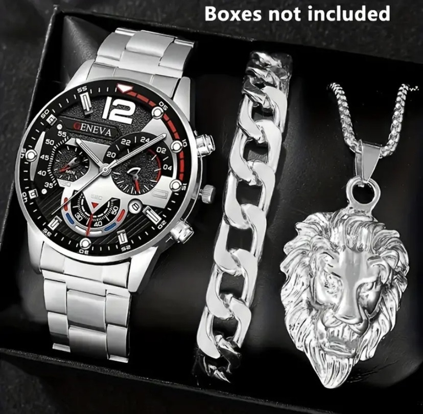 Подарунковий набір для чоловіків Лев Цар 1 наручний годинник з браслетом і ланцюжок з кулоном сріблястий Київ - фото 1