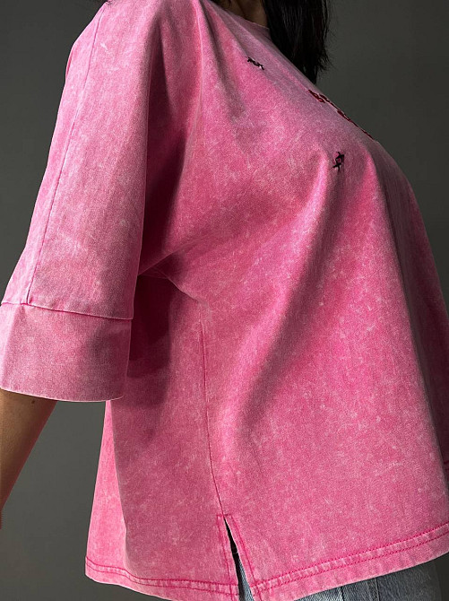 Футболка женская A-N 26028 тай-дай оверсайз с вышивкой, розовый, one size Киев - изображение 4