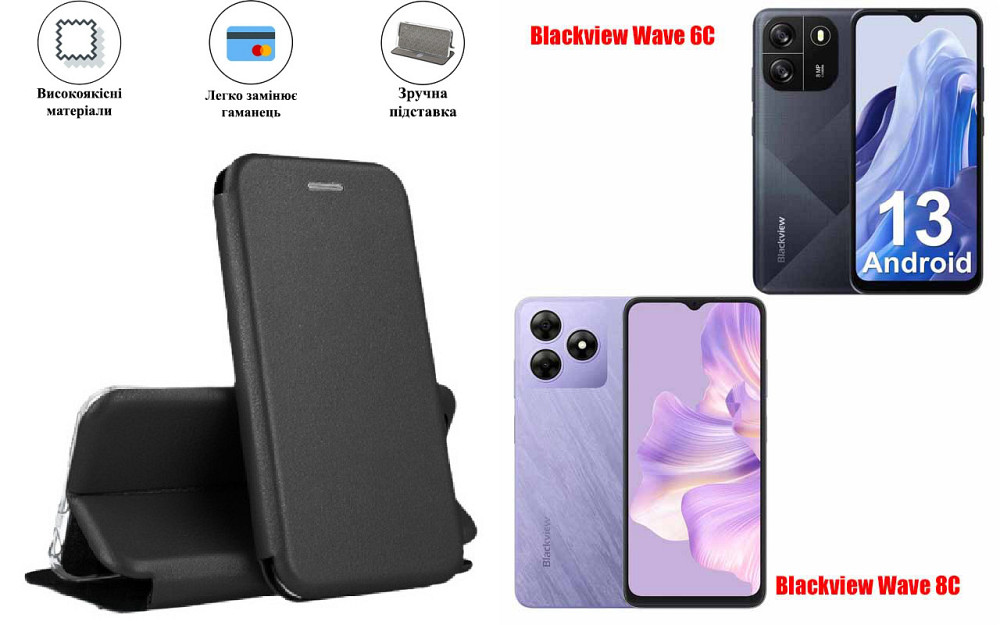 Чехол-книжка с силиконом для Blackview Wave 6C, Wave 8C, черный Киев - изображение 1