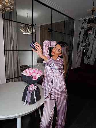 Женская шелковая пижама двойка в полоску Розовый, 48/50 Одесса